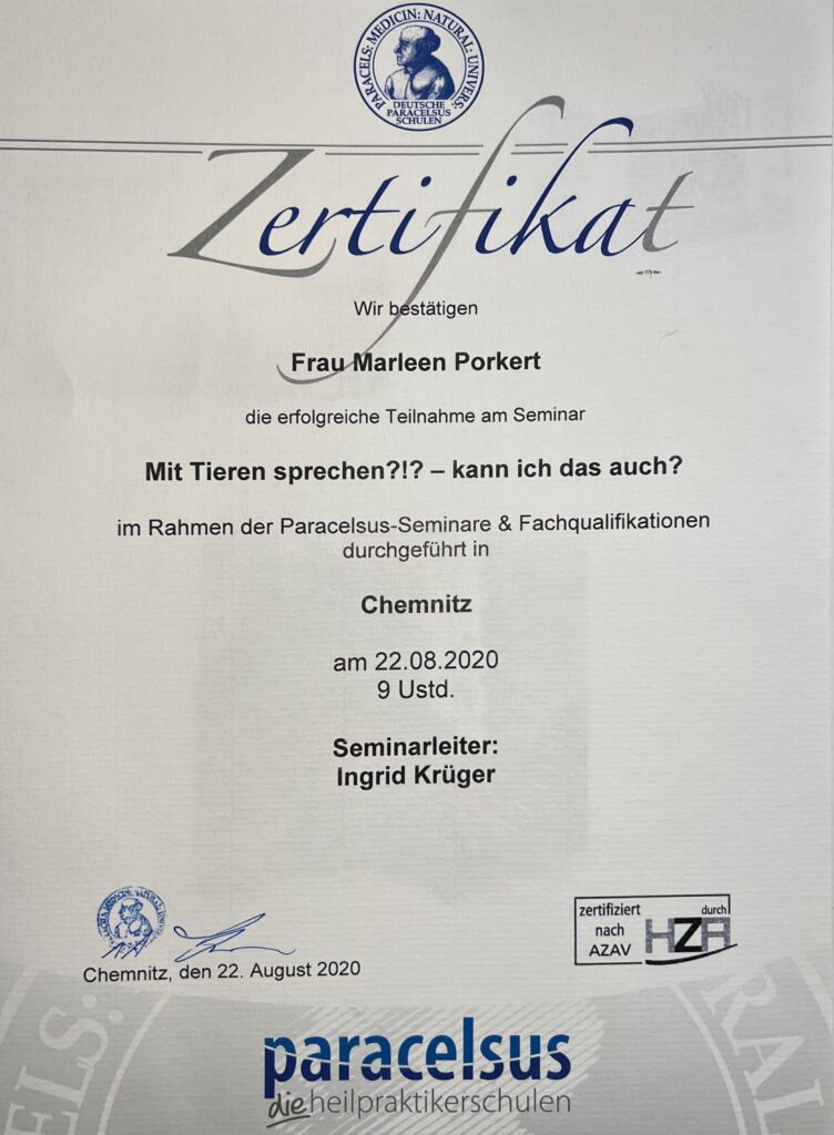 Paracelsus-Zertifikat von Marleen Porkert: Seminar Tierkommunikation