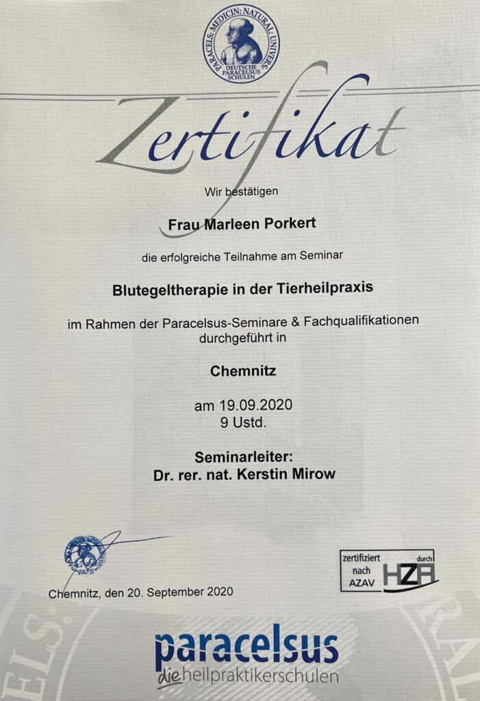 Paracelsus-Zertifikat von Marleen Porkert: Seminar Blutegeltherapie in der Tierheilpraxis